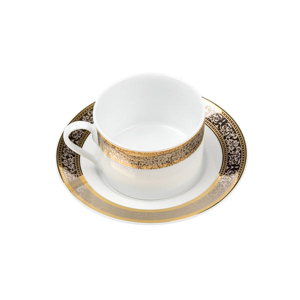 Porcelain- White with Gold and Platinum Rim Barrel Style Coffee Cup with Saucer IEP